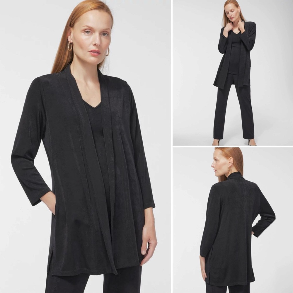 Chico’s Travelers Classic Long Knit Jacket Open Front Pockets Bracelet Sleeves